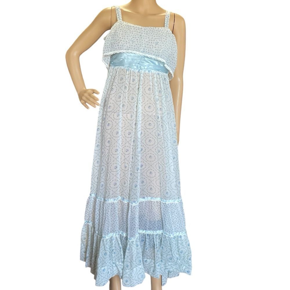 Vintage 70’s Jody T Floral Country Maxi Prairie Sheer Dress Blue White Green 5